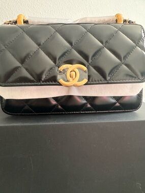 CHANEL Black Quilted Patent Shoulder Bag with Gold CC Hardware